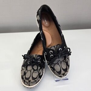 Coach Richelle Topsider Boat Shoe Loafer 6.5 Black Signature Logo Canvas Leather